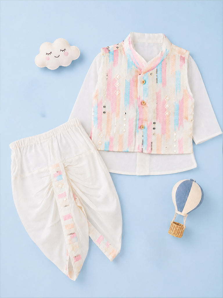 Boys White Kurta & Dhoti Set – Pastel Printed Jacket Festive Wear