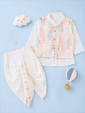 Boys White Kurta & Dhoti Set – Pastel Printed Jacket Festive Wear