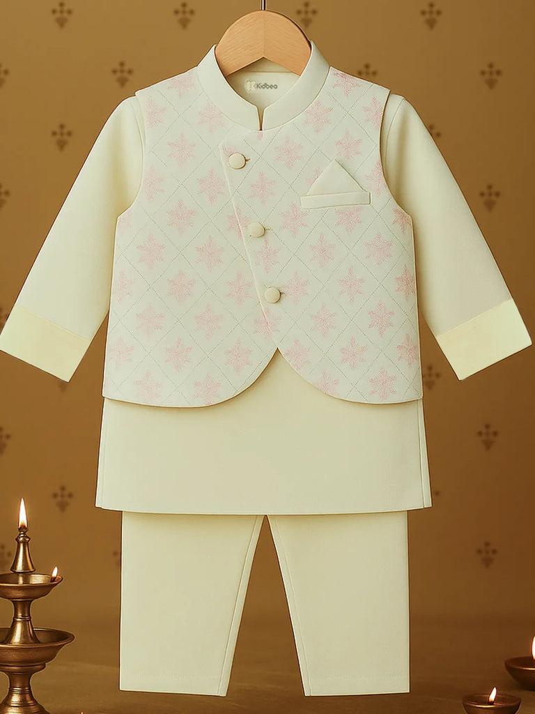 Boys Kurta Pajama Set with Asymmetric Embroidered Nehru Jacket | Festive & Ethnic Wear Outfit | Pink
