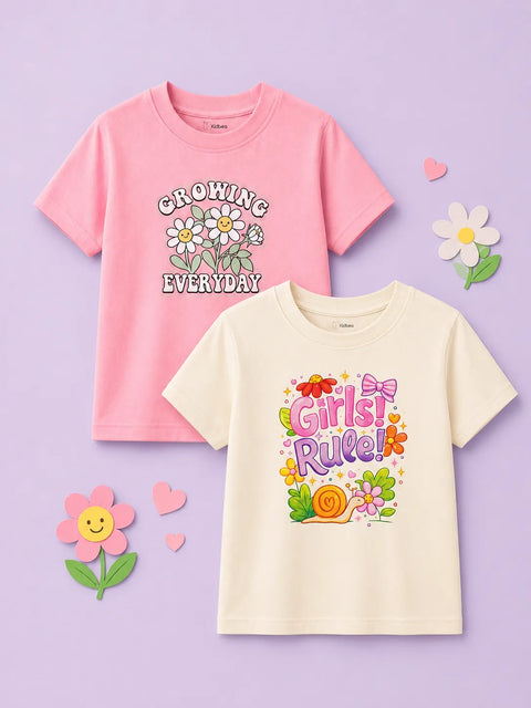 Bamboo Fabric Girls Half Sleeve T-Shirt Pack of 2 – Growing Everyday & Girls Rule Graphic Print Soft Summer Tee Set