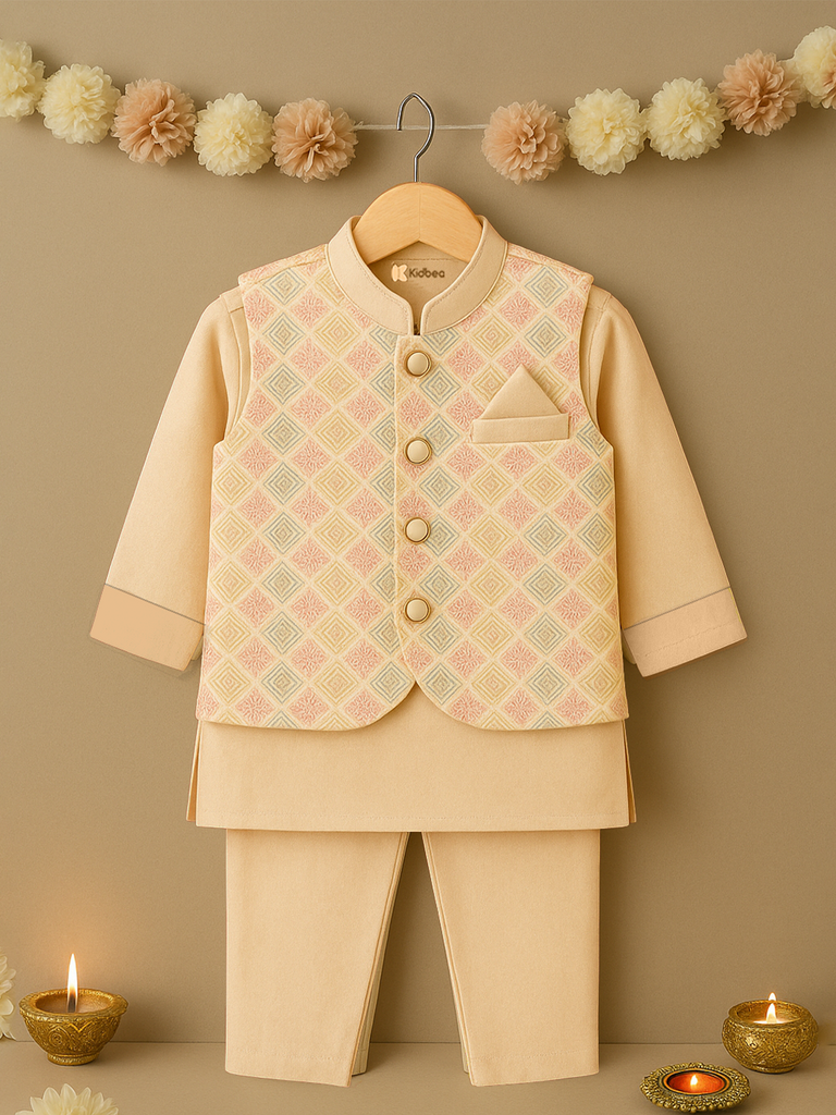 Kidbea Boys Kurta Pajama with Designer Nehru Jacket | Ethnic Wear Set for Festivals & Weddings | Pink