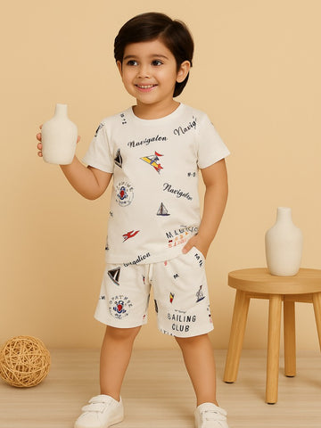 Kidbea Boys Nautical Theme Summer Co-Ord Set | Cotton T-Shirt and Shorts for Kids | White