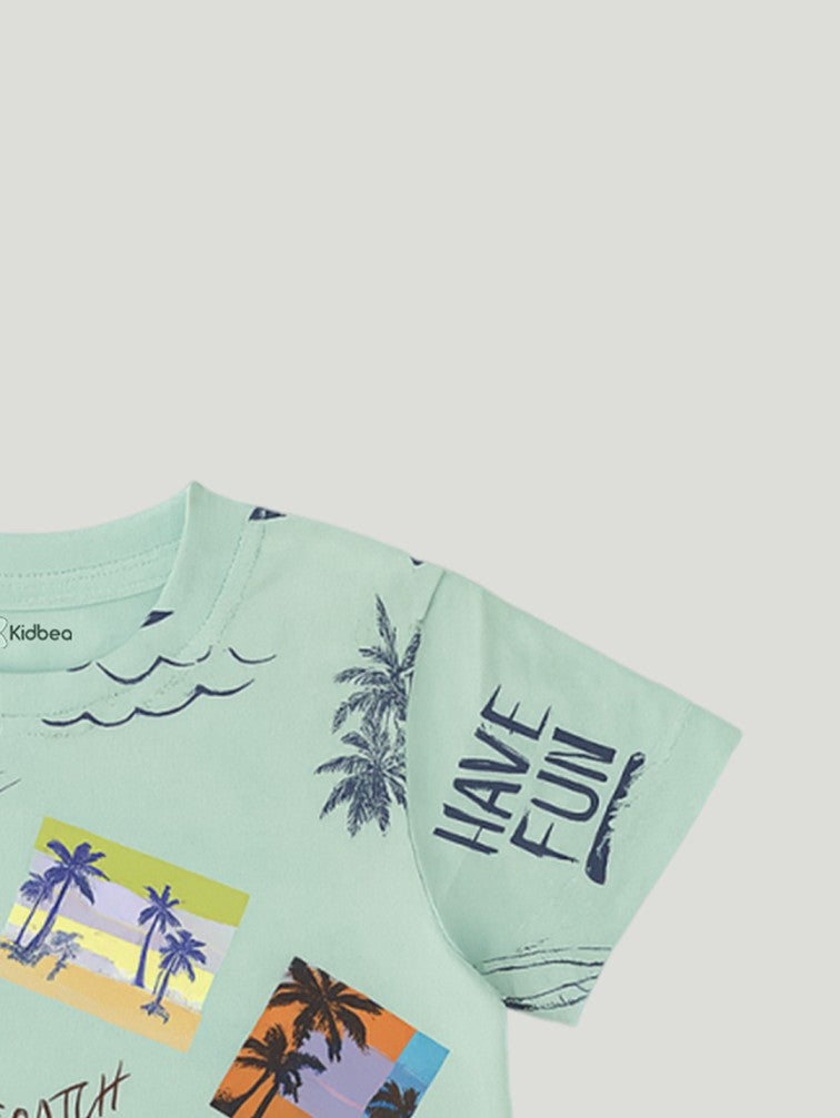 Kidbea Boys Beach Theme Co-Ord Set | Summer Cotton T-Shirt and Shorts for Boys | Cyan