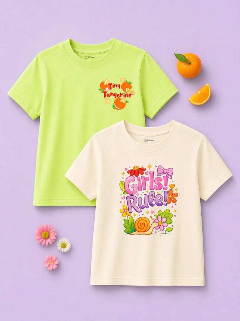 Bamboo Fabric Girls Half Sleeve T-Shirt Pack of 2 – Tangerine & Girls Rule Graphic Print Soft Summer Tee Set