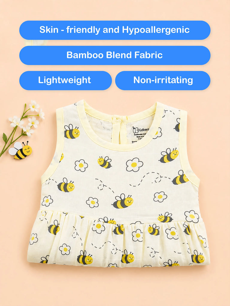 BambooTEC™ Bamboo Muslin Baby Girls Frock Pack of 3 – Bee & Daisy, Ice Cream Star & Cat & Swirl Prints