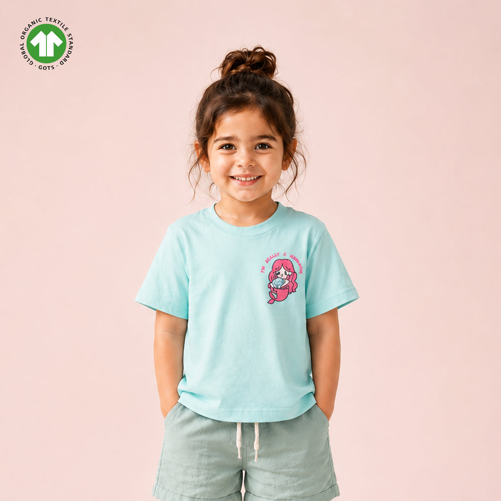 Girls Light Organic Cotton Aqua Blue Mermaid Print T-Shirt