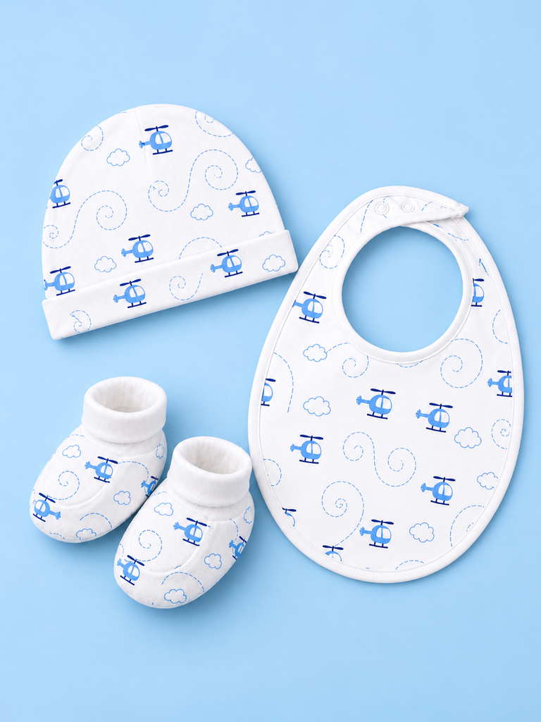 Organic Cotton Baby Gift Set Pack of 7 – Helicopter Print Clothing & Accessories Set
