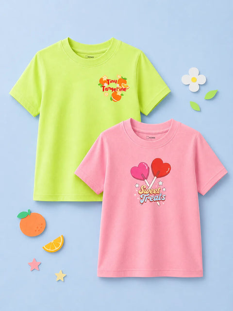 Bamboo Fabric Girls Half Sleeve T-Shirt Pack of 2 – Tangerine & Sweet Treats Graphic Print Soft Summer Tee Set