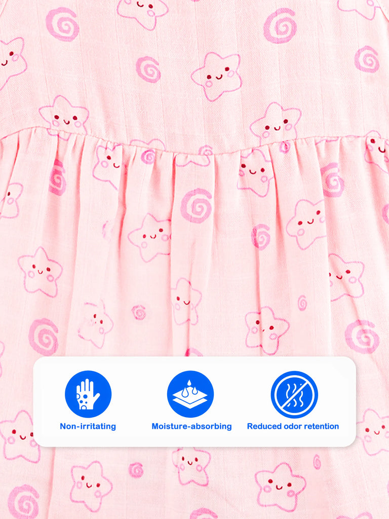 BambooTEC™ Bamboo Muslin Baby Girls Frock Pack of 3 – Bee & Daisy, Floral & Cat & Swirl Prints