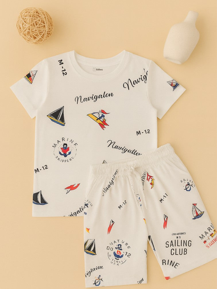 Kidbea Boys Nautical Theme Summer Co-Ord Set | Cotton T-Shirt and Shorts for Kids | White
