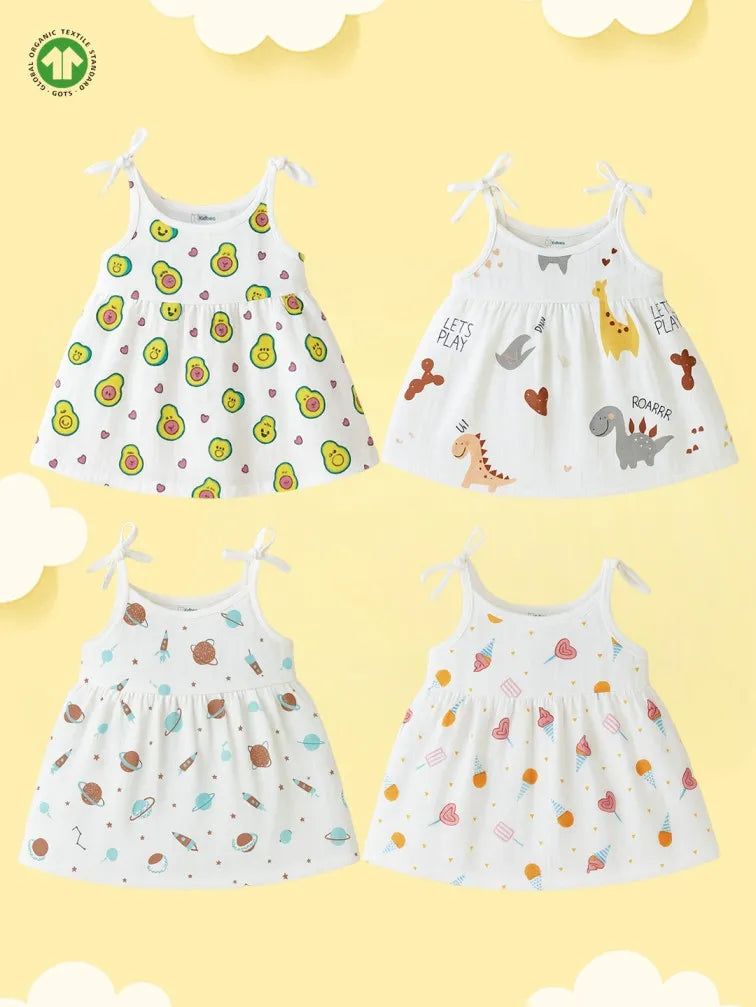 Extra Soft Muslin Baby Girls Frock Pack of 4 – Avocado, Dinosaur, Space & Ice Cream Prints