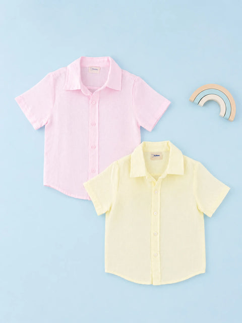 Linen Cotton Girls Shirt Pack of 2 – Pink & Yellow Half-Sleeve Shirts