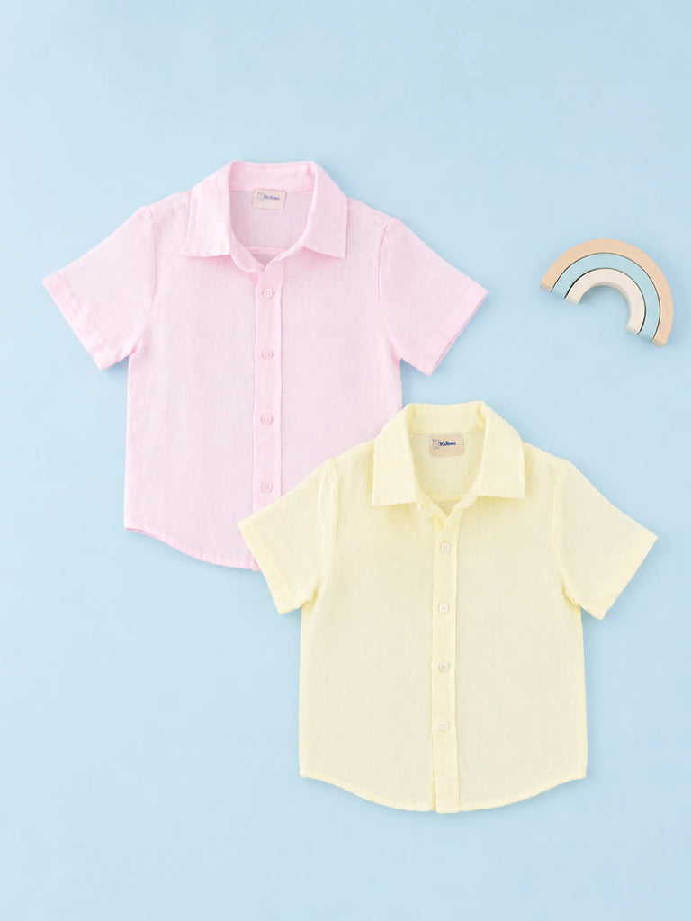 Linen Cotton Girls Shirt Pack of 2 – Pink & Yellow Half-Sleeve Shirts