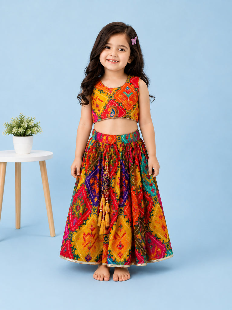 Girls Multicolor Ethnic Crop Top & Skirt Set – Traditional Festive Wear