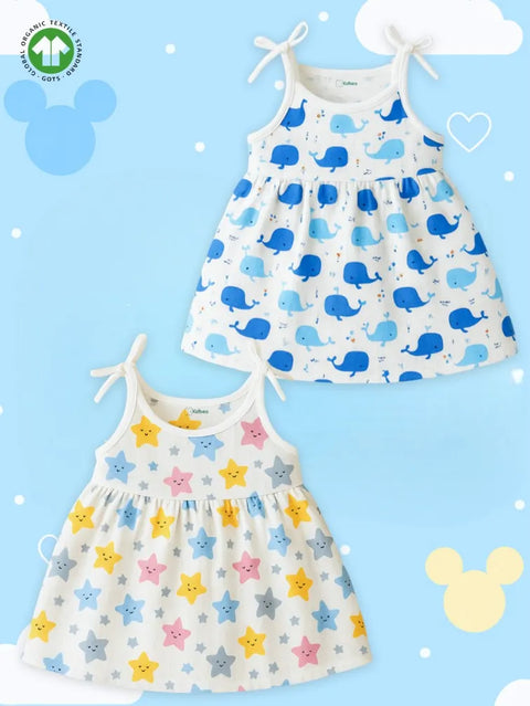 Extra Soft Muslin Baby Girls Frock Pack of 2 – Whale & Star Prints