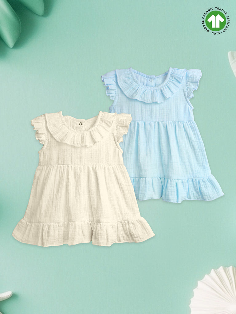 Light Linen Girls Dress Set | Pack of 2 (Off White & Sky Blue)