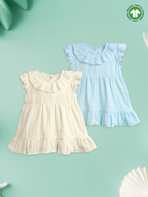 Light  Organic cotton Girls Frock Set | Pack of 2 (Off White & Sky Blue)