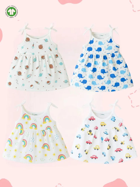 Extra Soft Muslin Baby Girls Frock Pack of 4 – Space, Whale, Rainbow & Car Prints