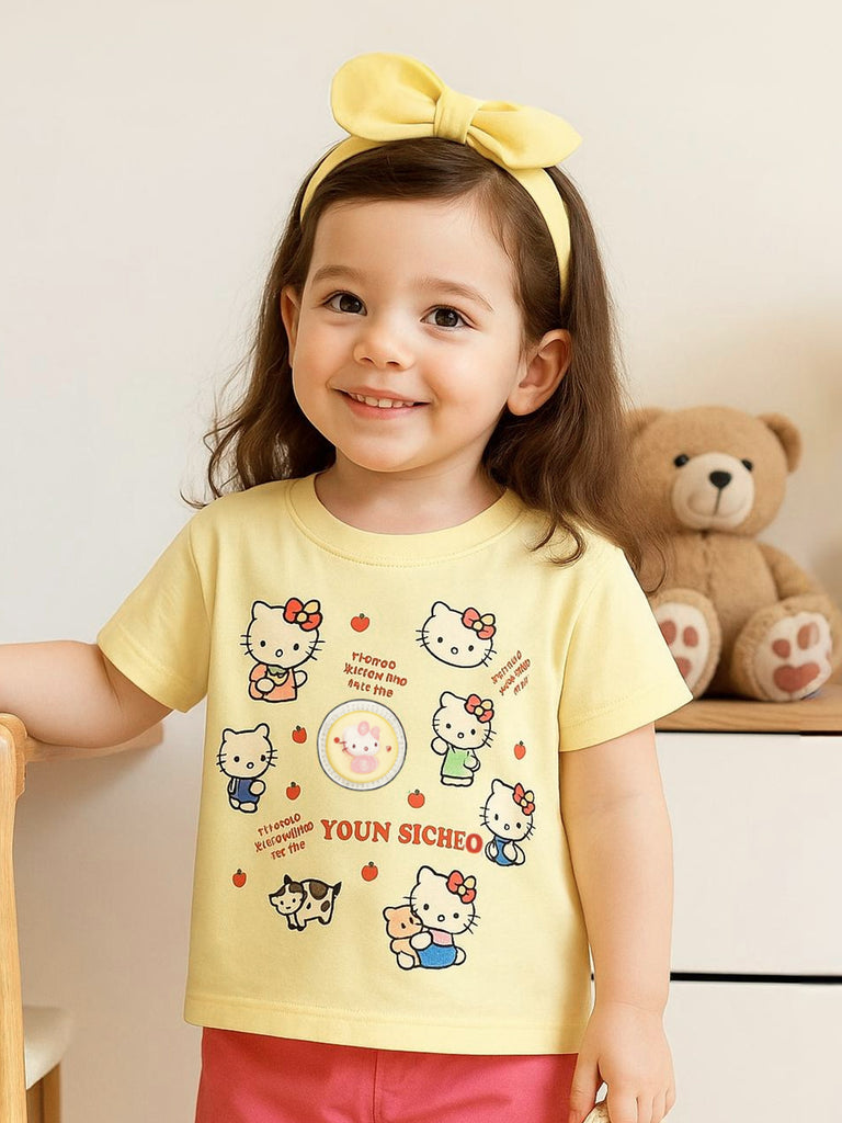 Kidbea Girls Cotton T-Shirt | Cute Hello Kitty Cartoon Print | Soft & Breathable | Casual Summer Wear for Toddlers & Kids Yellow