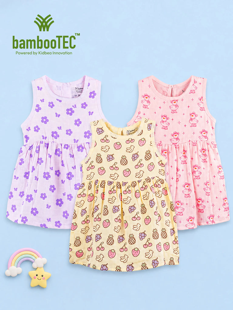 BambooTEC™ Bamboo Muslin Baby Girls Frock Pack of 3 – Floral Butterfly, Fruity Fiesta & Santa Bear Prints