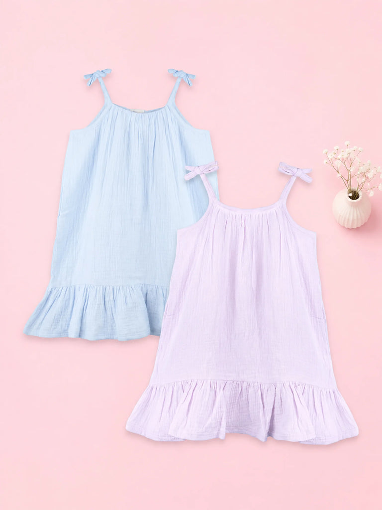 Organic Cotton Girls Frock Pack of 2 – Blue & Lavender Ruffle Frocks