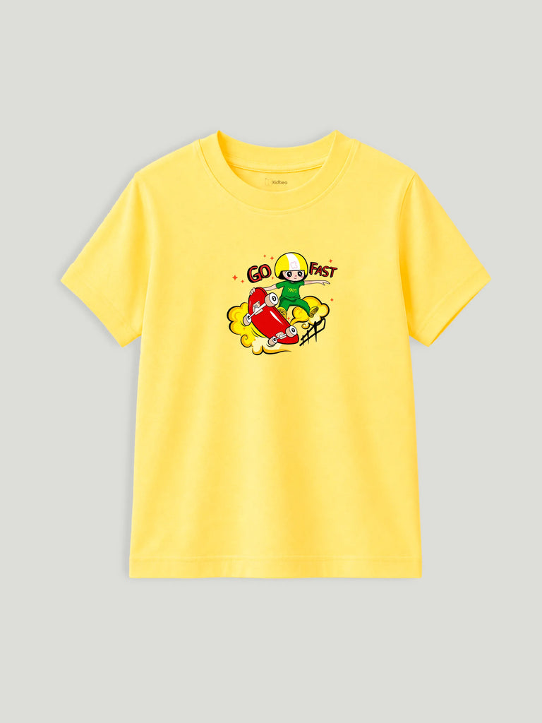 Bamboo Fabric Unisex Kids T-Shirt – Soft Breathable Yellow Skateboard Print Half Sleeve Tee