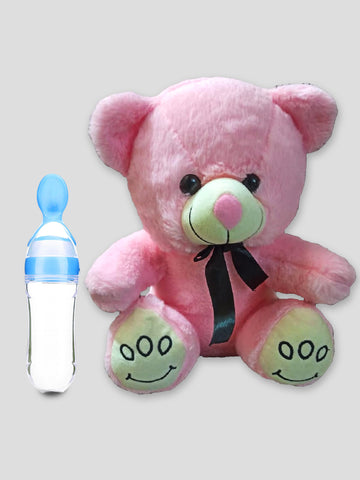 Kidbea Teddy Pink Soft Toy & Silicone Food Nibbler Soft Pacifier/Feeder, Teether for Baby