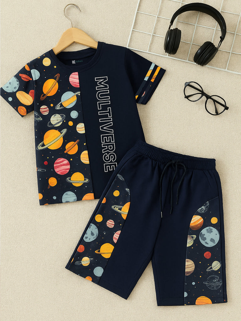 Kidbea Boys Space Theme Co-Ord Set | Cotton T-Shirt and Shorts for Kids | Blue