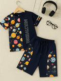 Kidbea Boys Space Theme Co-Ord Set | Cotton T-Shirt and Shorts for Kids | Blue