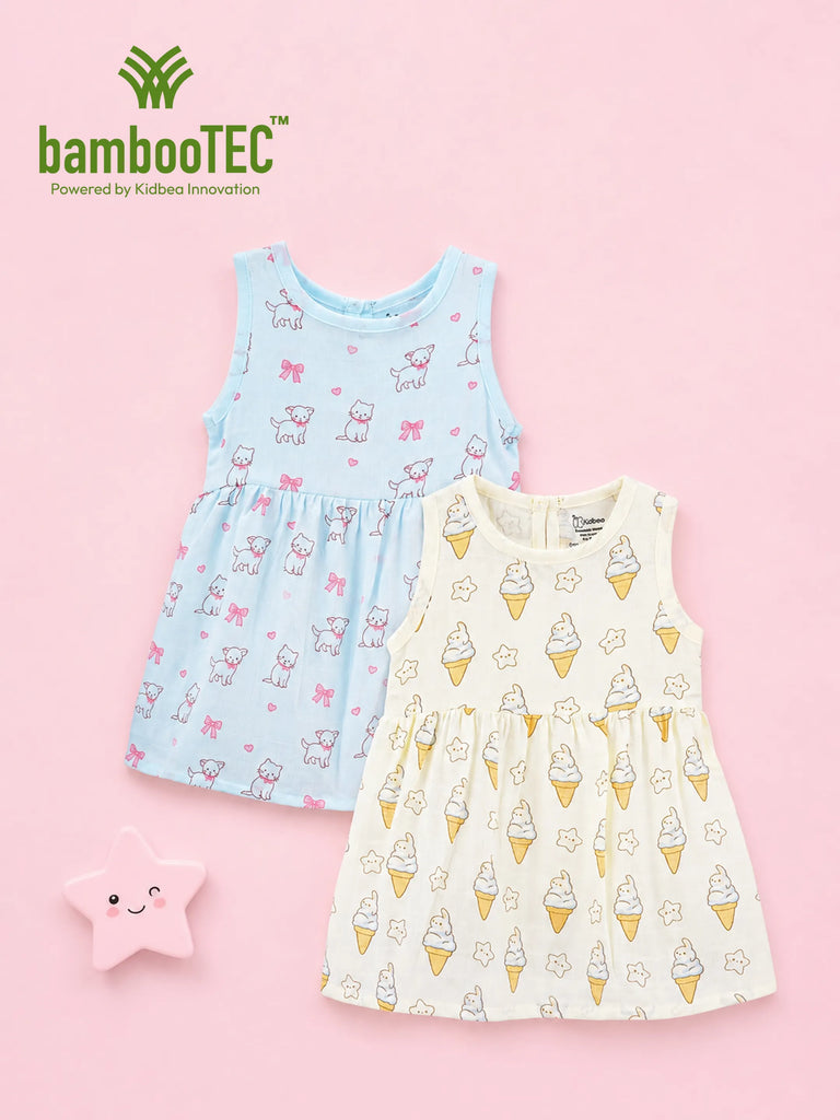 BambooTEC™ Bamboo Muslin Girls Frock – Puppy & Ice Cream Print | Pack of 2
