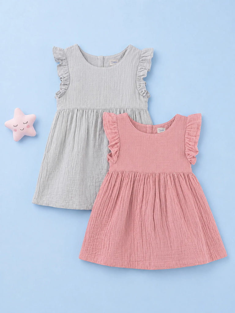 Organic Cotton Girls Frock Pack of 2 – Rust & Grey Ruffle Frocks