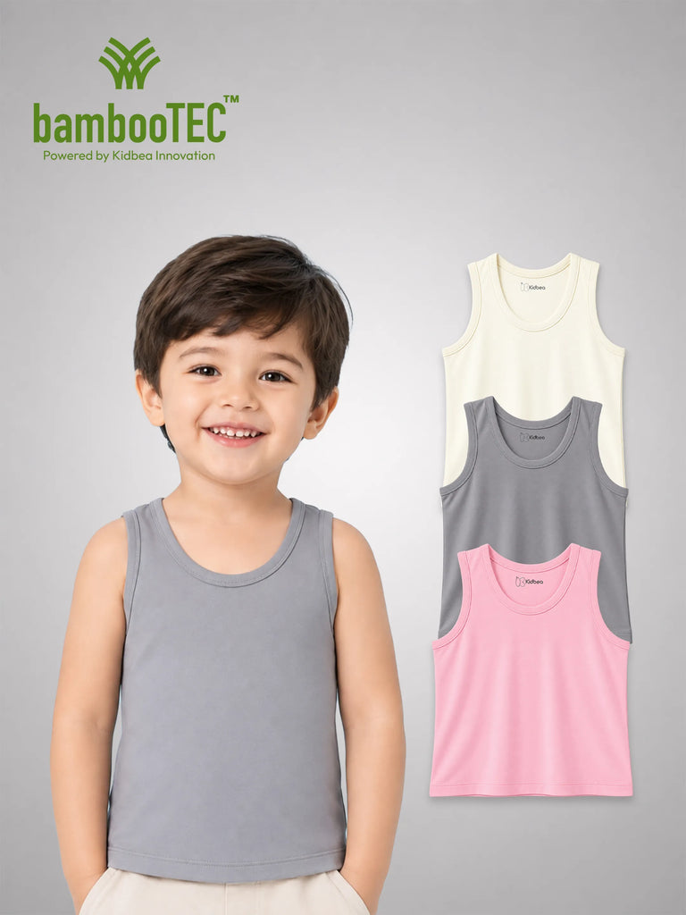 BambooTEC™ Bamboo Kids Vest Pack of 3 – Cream, Grey & Pink Sleeveless Vests