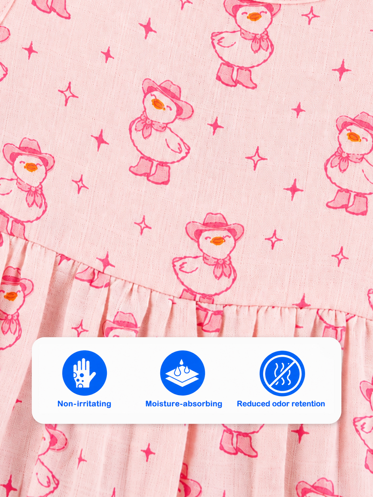 BambooTEC™ Bamboo Muslin Baby Frock – Pink Duck Print, Soft & Breathable Dress