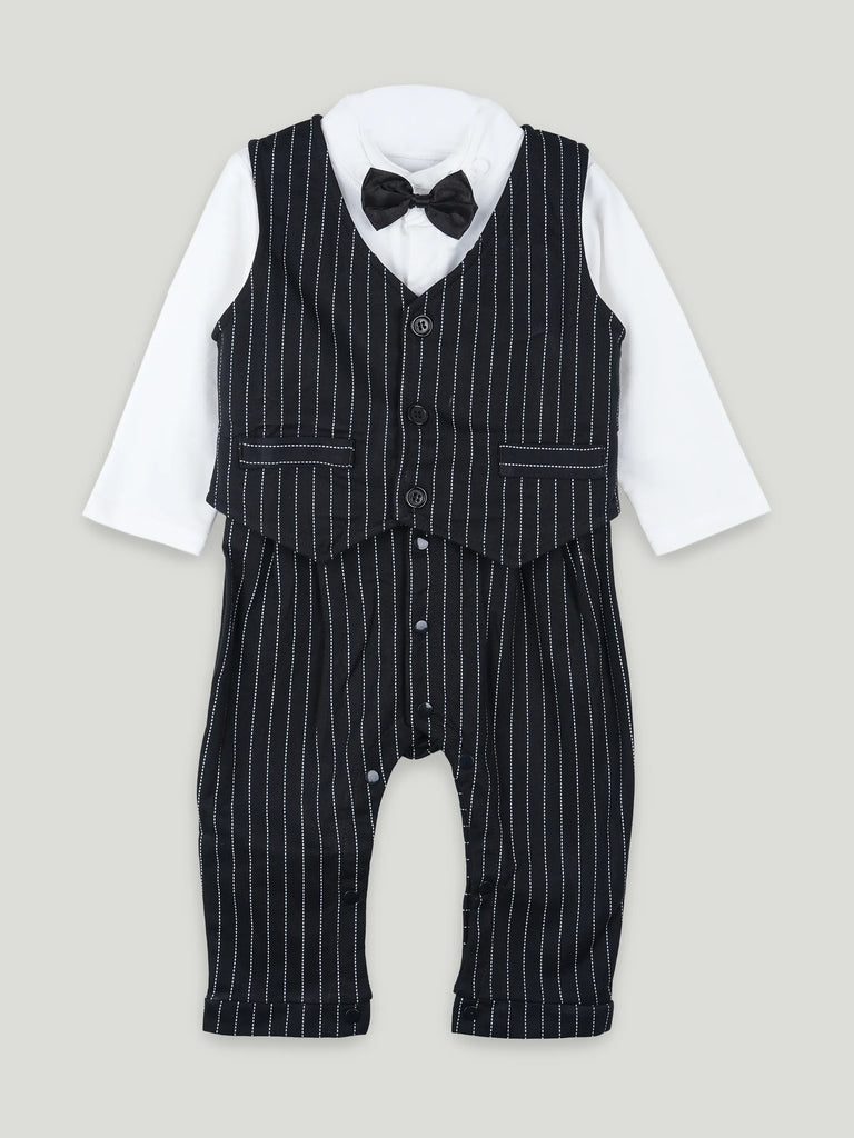 Boys Formal 3-Piece Suit Set – Black Pinstripe Waistcoat, Shirt & Pants with Bow Tie for Kids