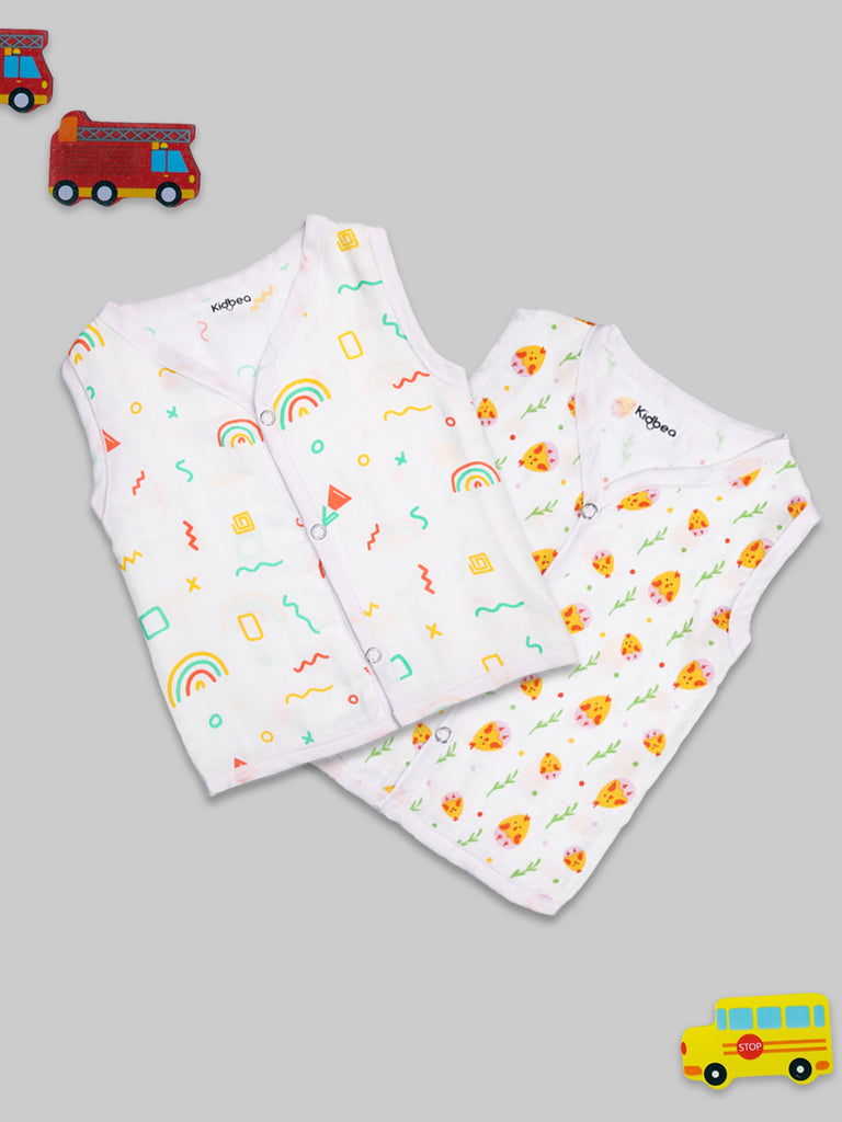 Kidbea Muslin Cotton Pack of 2 Jhabla | Rainbow & Cute chick | Assorted | Print May Vary