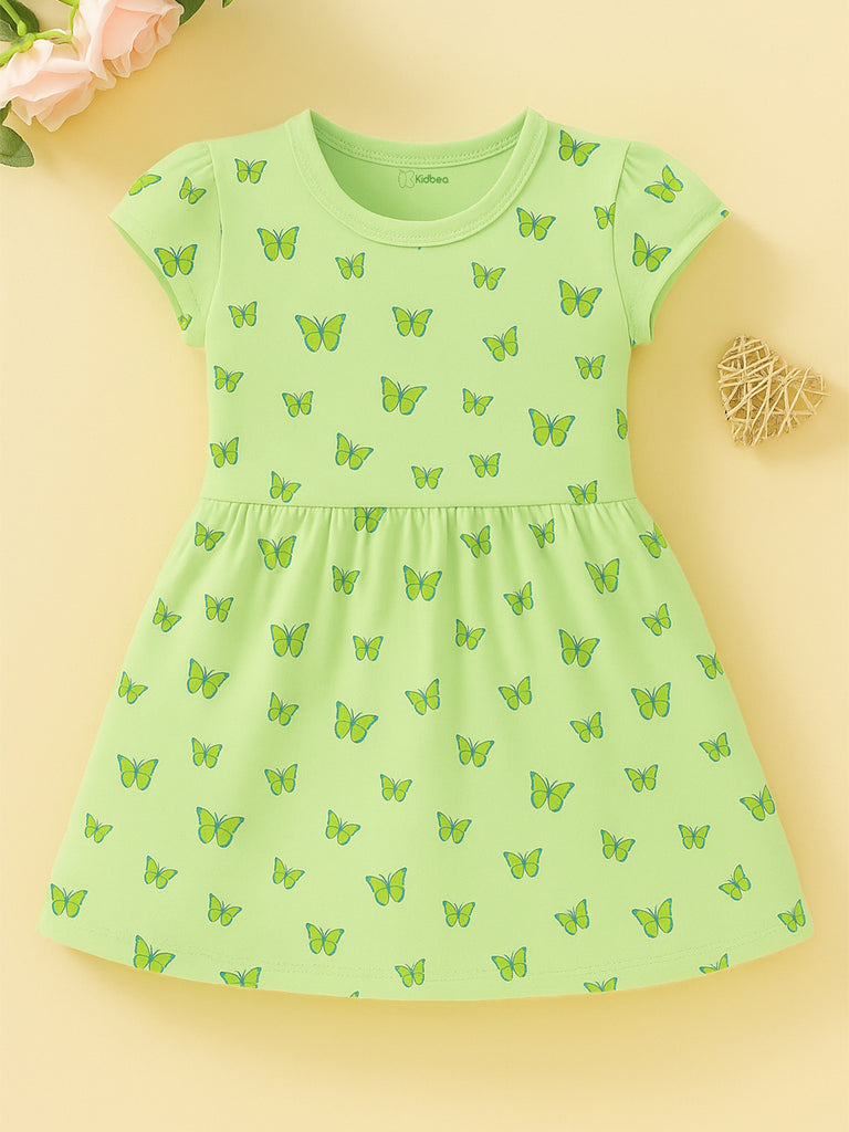 Kidbea Girls Cotton Frock | Butterfly Printed Summer Dress | Short Sleeve Casual Wear Kids | Green
