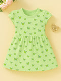 Kidbea Girls Cotton Frock | Butterfly Printed Summer Dress | Short Sleeve Casual Wear Kids | Green