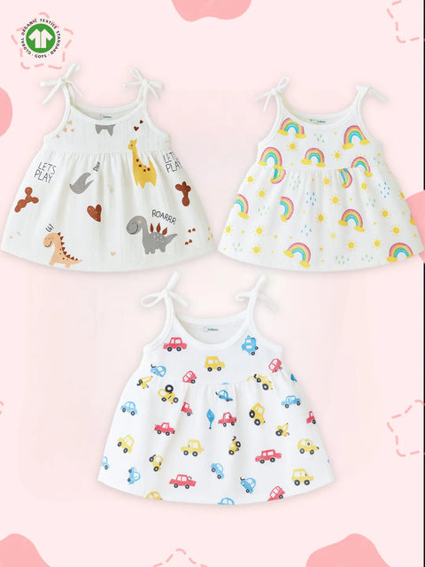 Extra Soft Muslin Baby Girls Frock Pack of 3 – Dinosaur, Rainbow & Car Prints