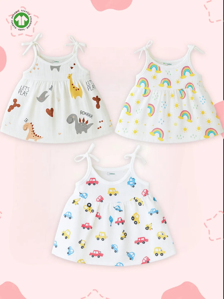 Extra Soft Muslin Baby Girls Frock Pack of 3 – Dinosaur, Rainbow & Car Prints