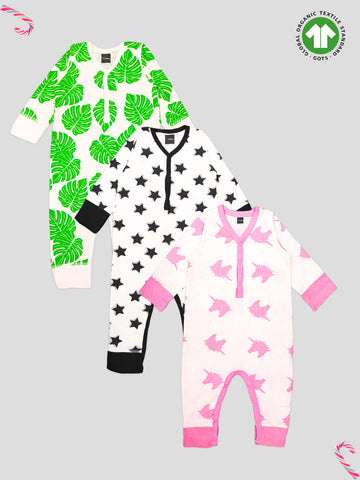 Kidbea 100% Organic Cotton Romper Bodysuit Jumpsuit Combo 3 Designs Color leaf star unicorn Printed