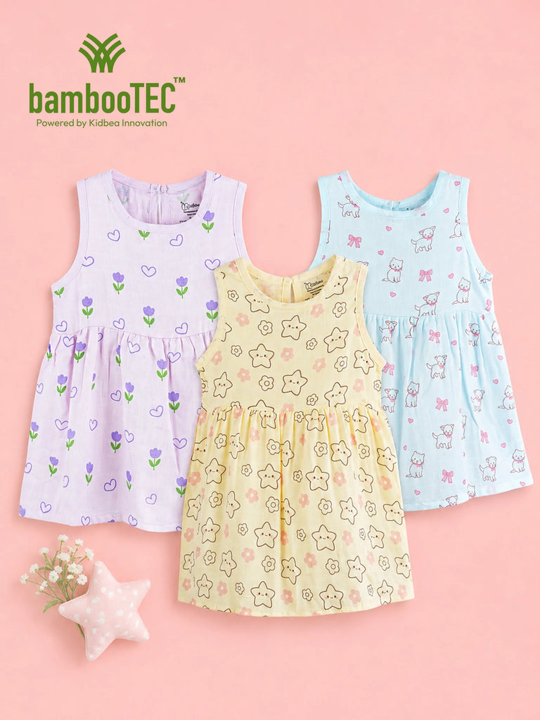 BambooTEC™ Bamboo Muslin Baby Girls Frock Pack of 3 – Tulip & Heart, Star & Floral, Puppy & Bow Prints