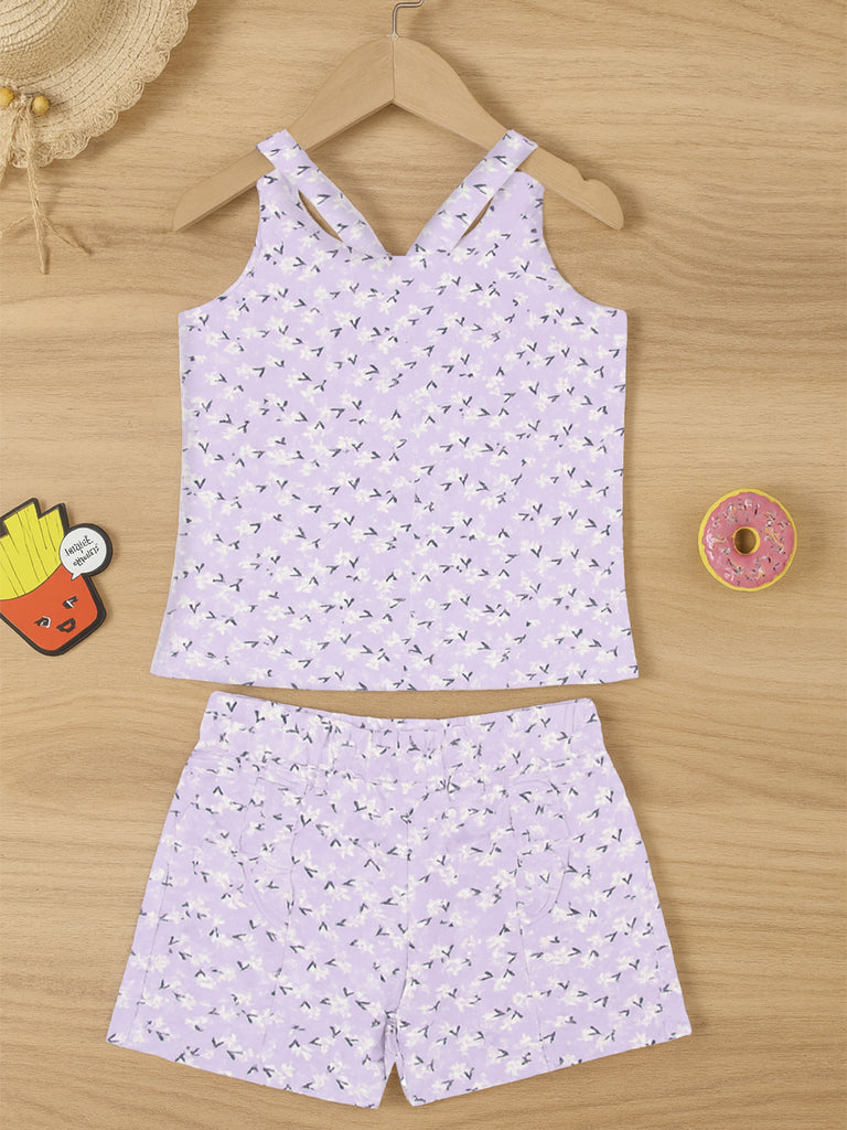 Girls Floral Print Sleeveless Tank Top and Elastic Waist Shorts Clothing Set | Purple
