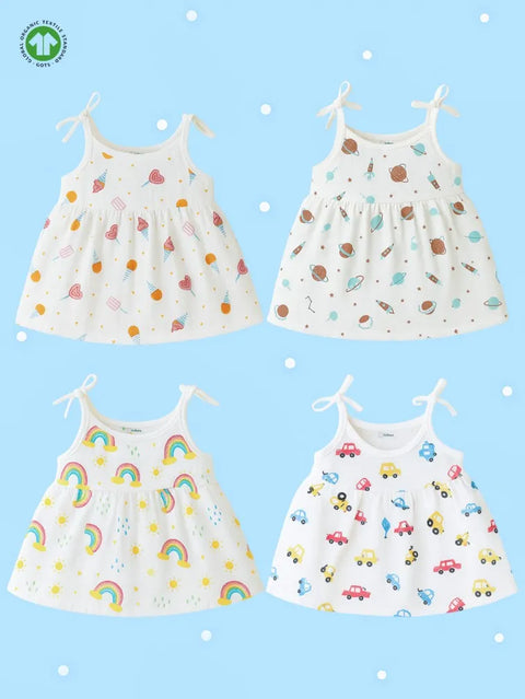 Extra Soft Muslin Baby Girls Frock Pack of 4 – Lollipop, Space, Rainbow & Vehicle Prints