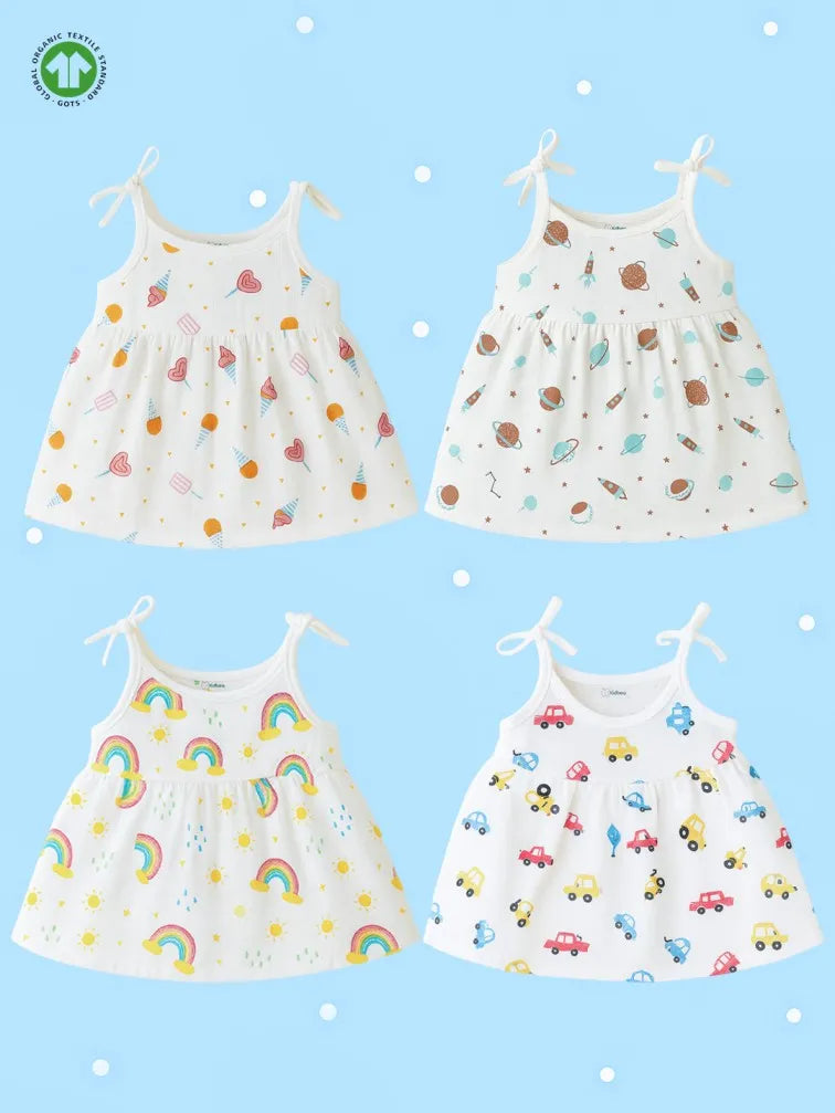 Extra Soft Muslin Baby Girls Frock Pack of 4 – Lollipop, Space, Rainbow & Vehicle Prints