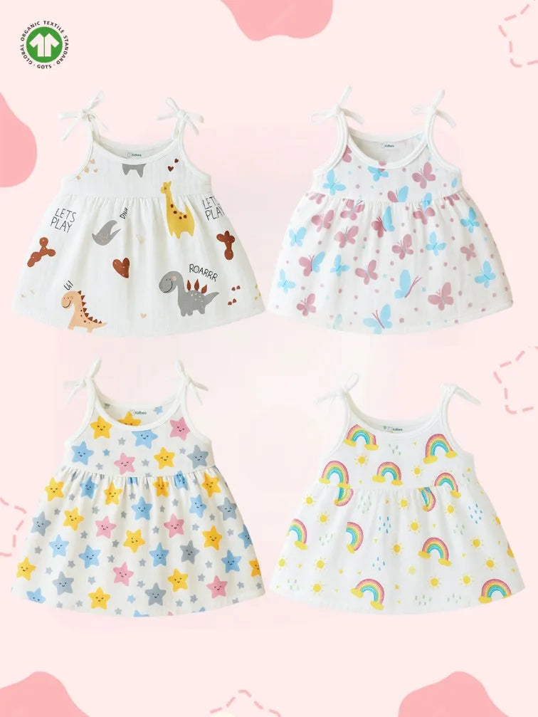 Extra Soft Muslin Baby Girls Frock Pack of 4 – Dinosaur, Butterfly, Star & Rainbow Prints