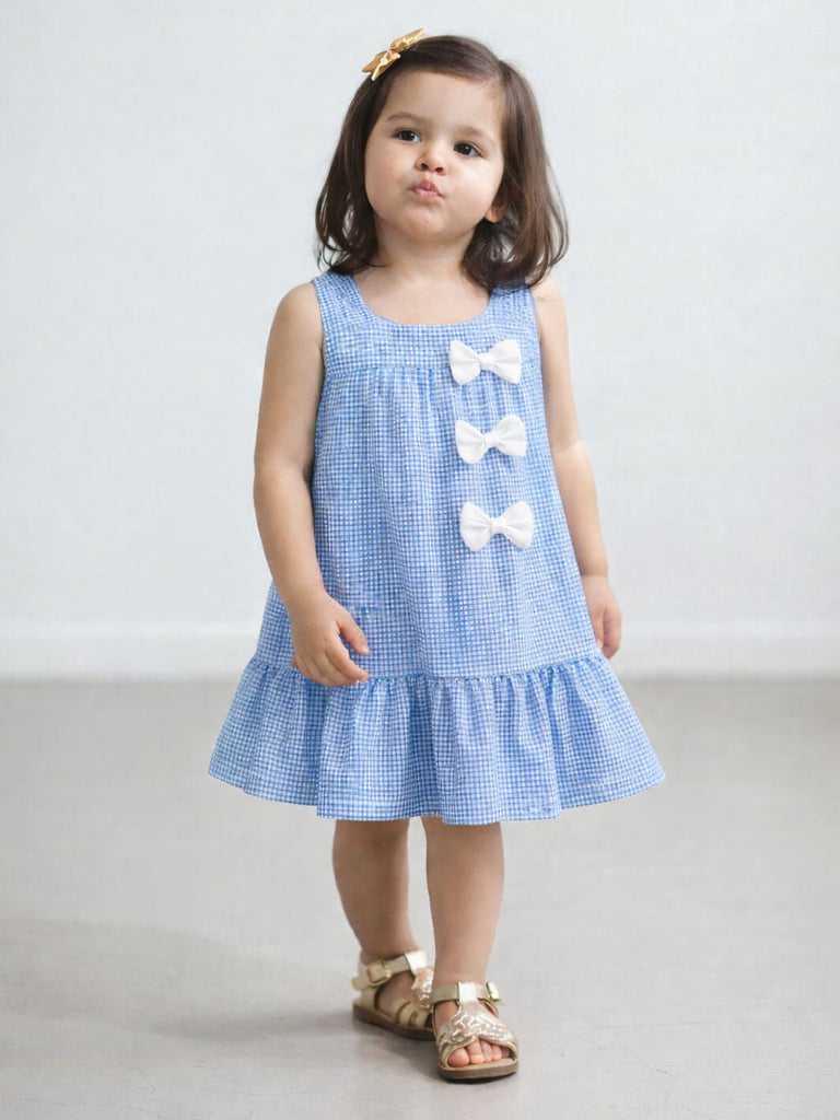 Blue & White Cotton Checked A-Line Dress | Soft Sleeveless Summer Froc Kidbea Blue & White Cotton Checked A-Line Dress | Soft Sleeveless Summer Froc Kidbea