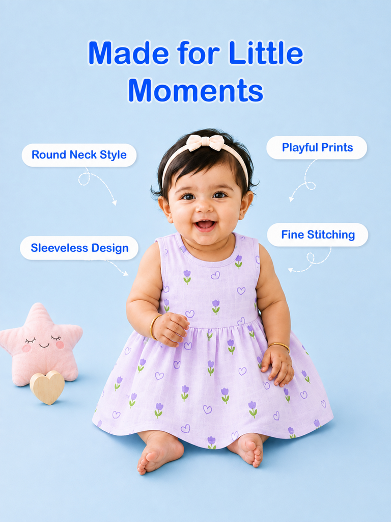 BambooTEC™ Bamboo Muslin Baby Frock – Tulip & Heart Print, Soft & Breathable Dress