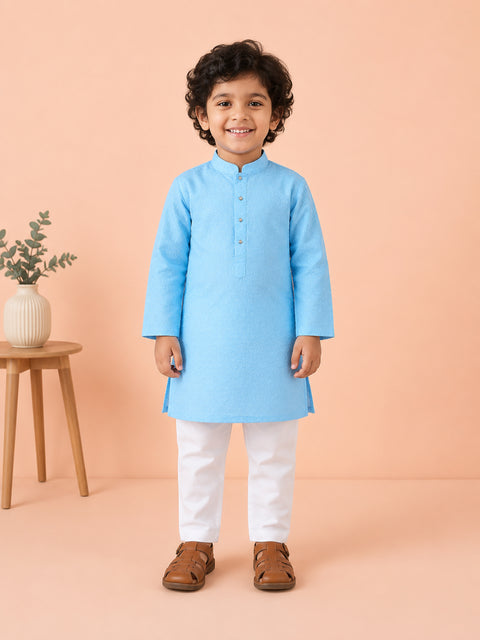 Boys Sky Blue Kurta & White Pajama Set – Traditional Festive Ethnic Wear