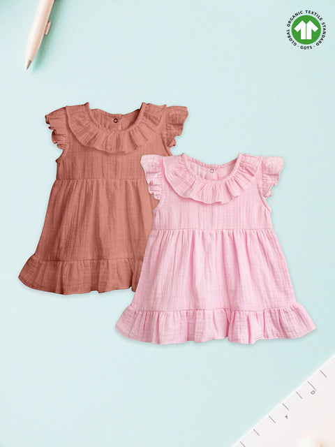 Light  Organic cotton Girls Frock Set | Pack of 2 (Rust & Charming Pink)