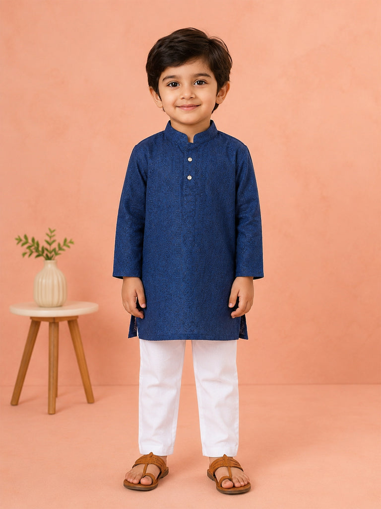 Boys Navy Blue Kurta & White Pajama Set – Traditional Festive Ethnic Wear